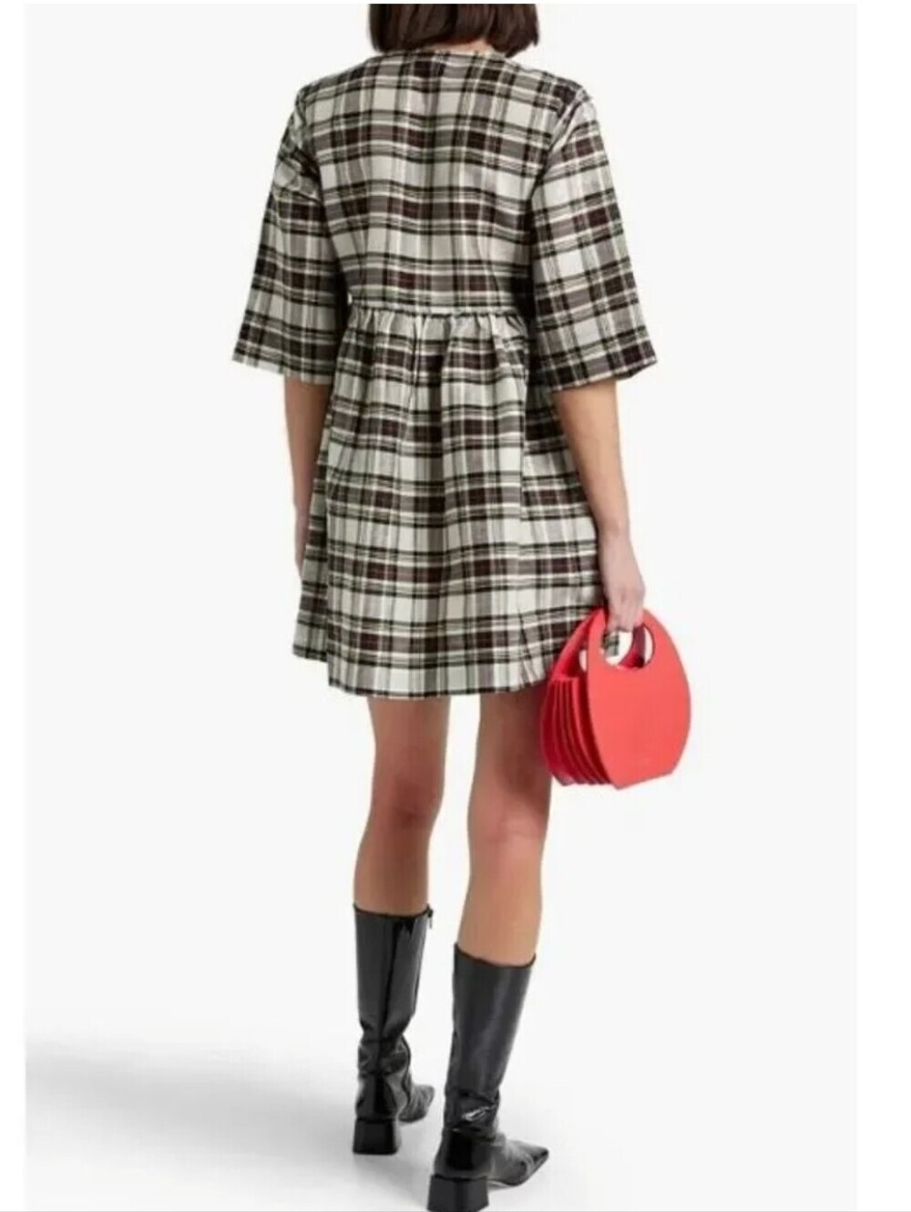 Ganni Silk Ivory Check Babydoll Mini Dress with Black and Red Tartan - Picture 4 of 13